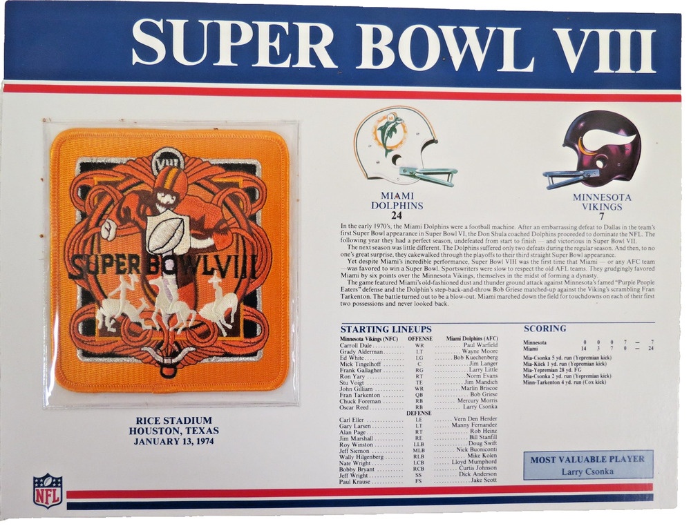Super Bowl VIII 8 Patch Card Miami Dolphins Minnesota Vikings NFL Football 1974